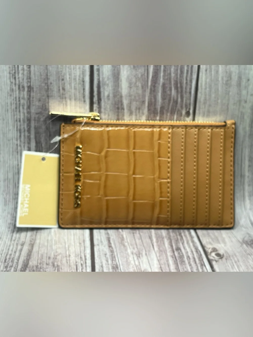 NWT MICHAEL KORS Jet Set Travel Croc Leather Zip Card Case Wallet - Camel/ Deer